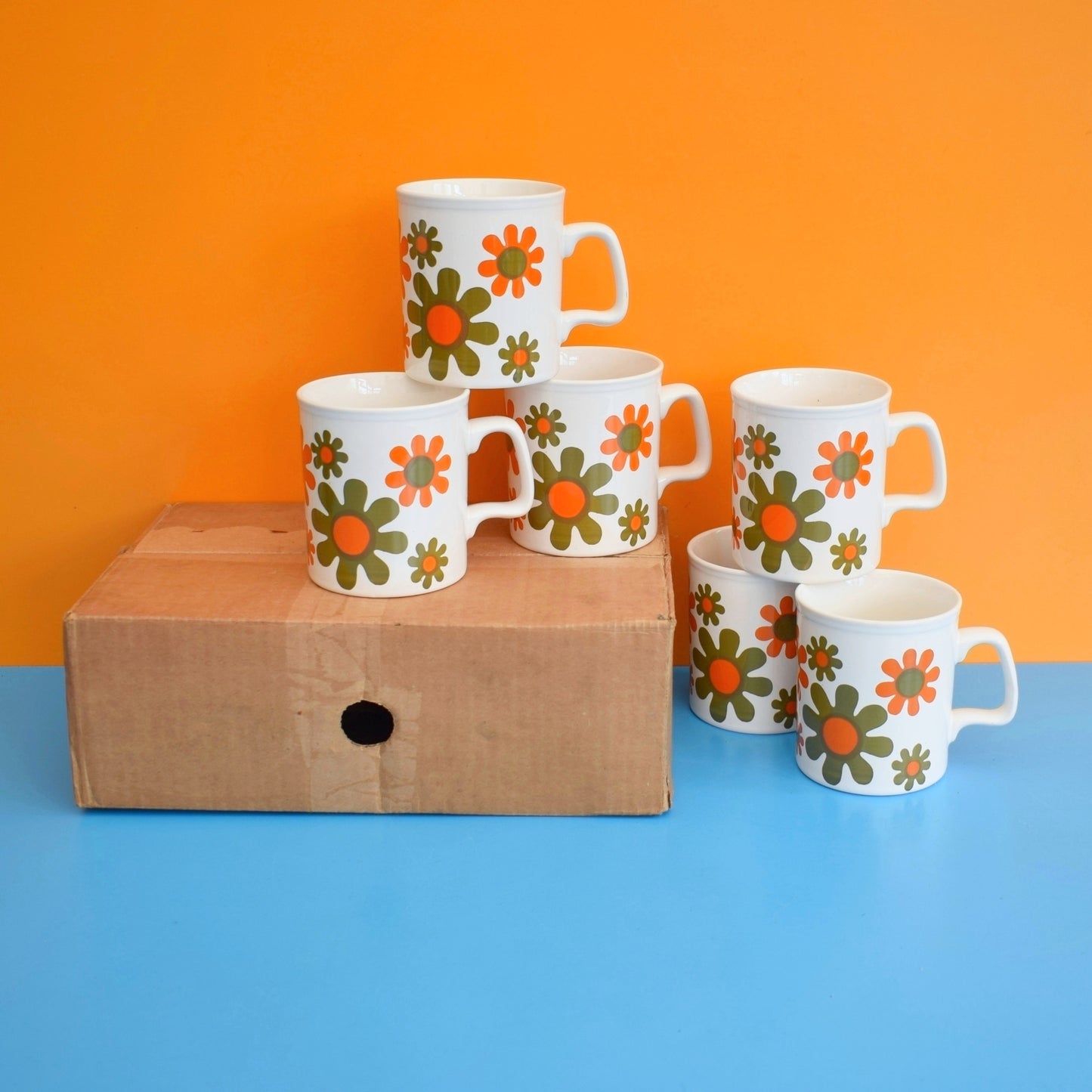 Vintage 1970s Mugs - Staffordshire Pottery - Orange & Brown Flowers by Pineapple Retro
