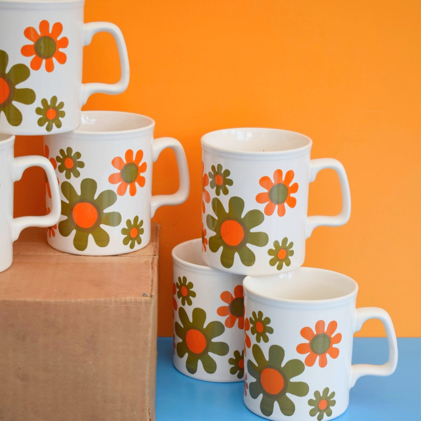 Vintage 1970s Mugs - Staffordshire Pottery - Orange & Brown Flowers by Pineapple Retro