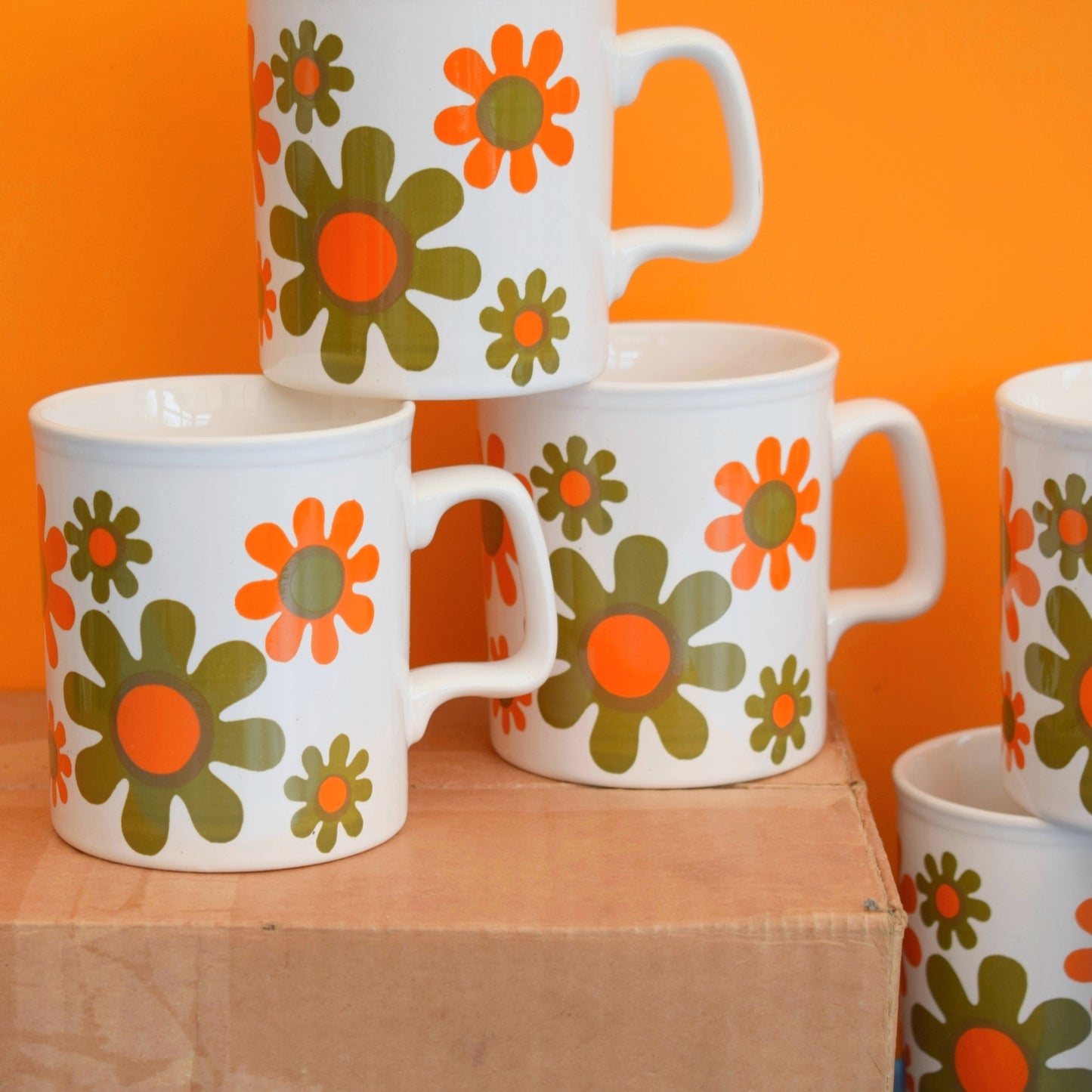 Vintage 1970s Mugs - Staffordshire Pottery - Orange & Brown Flowers by Pineapple Retro