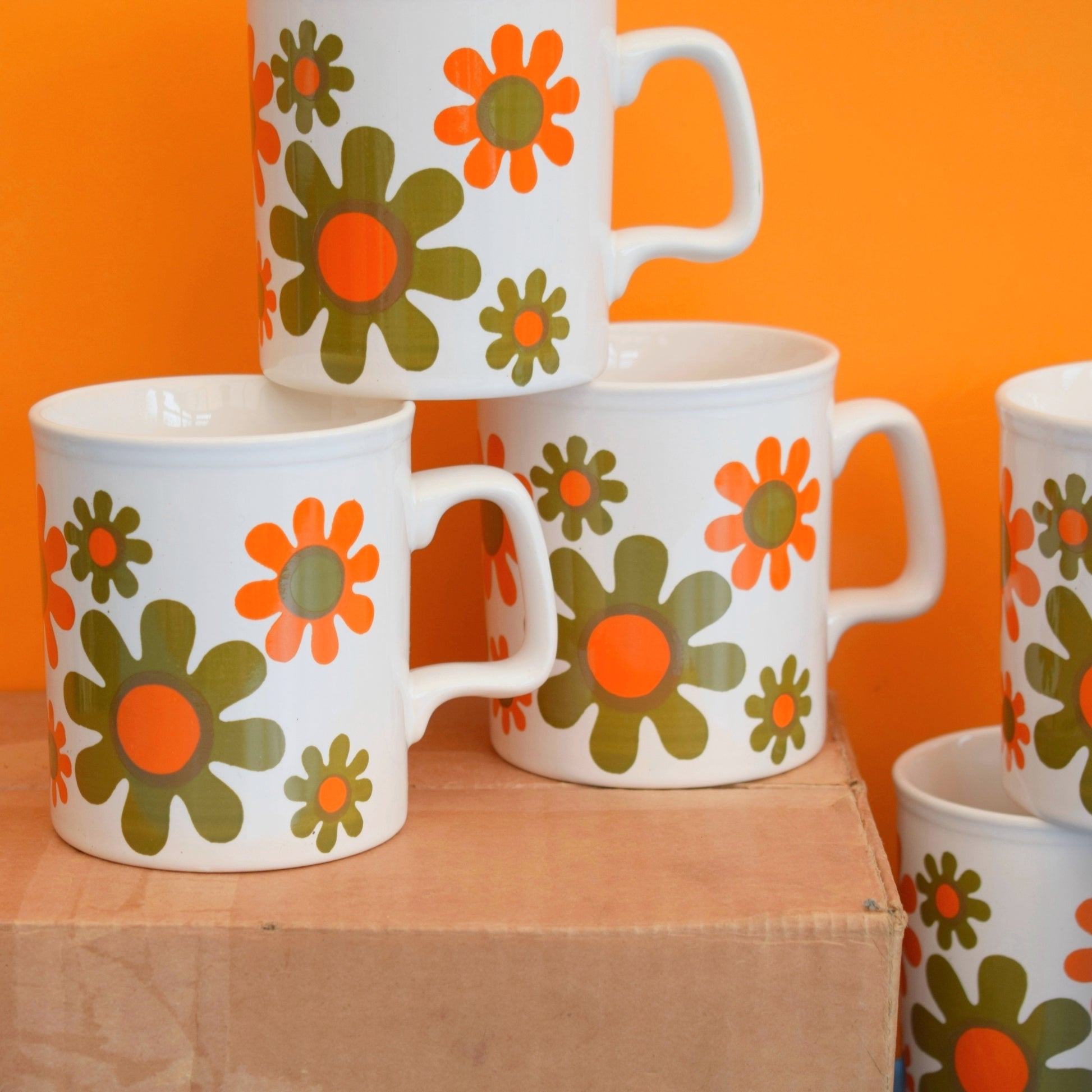 Vintage 1970s Mugs - Staffordshire Pottery - Orange & Brown Flowers by Pineapple Retro