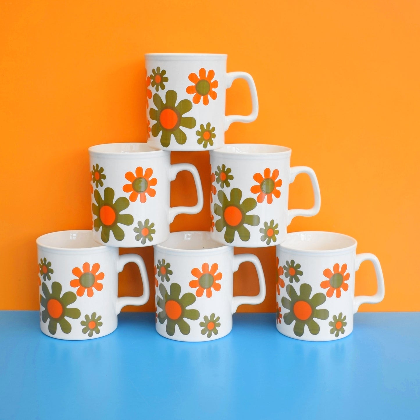 Vintage 1970s Mugs - Staffordshire Pottery - Orange & Brown Flowers by Pineapple Retro