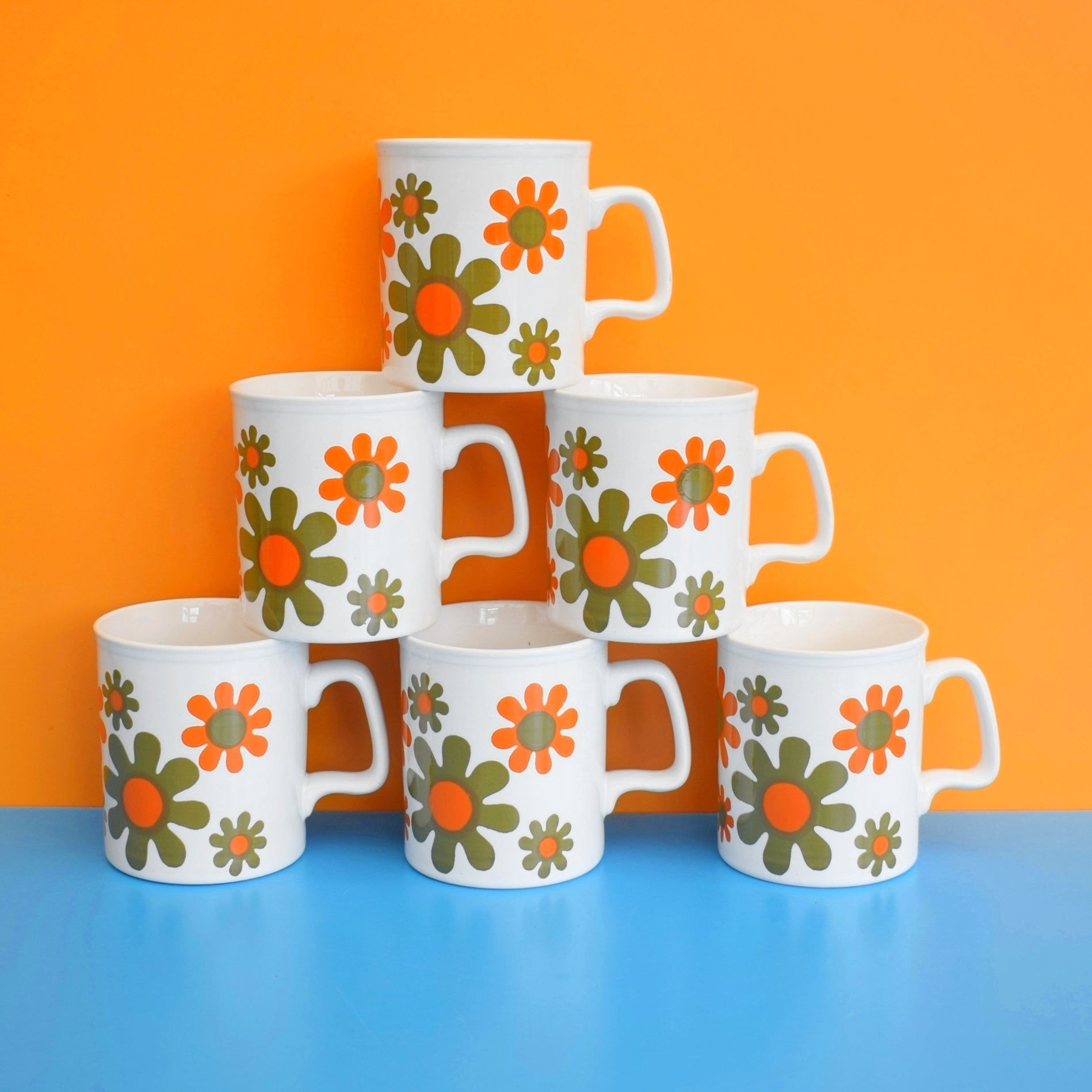 Vintage 1970s Mugs - Staffordshire Pottery - Orange & Brown Flowers by Pineapple Retro