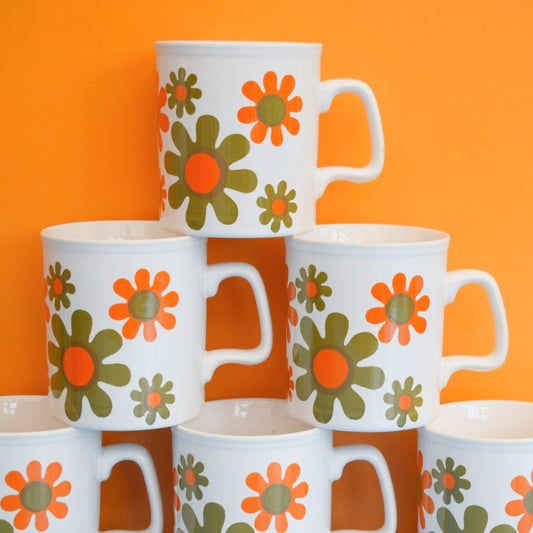 Vintage 1970s Mugs - Staffordshire Pottery - Orange & Brown Flowers by Pineapple Retro
