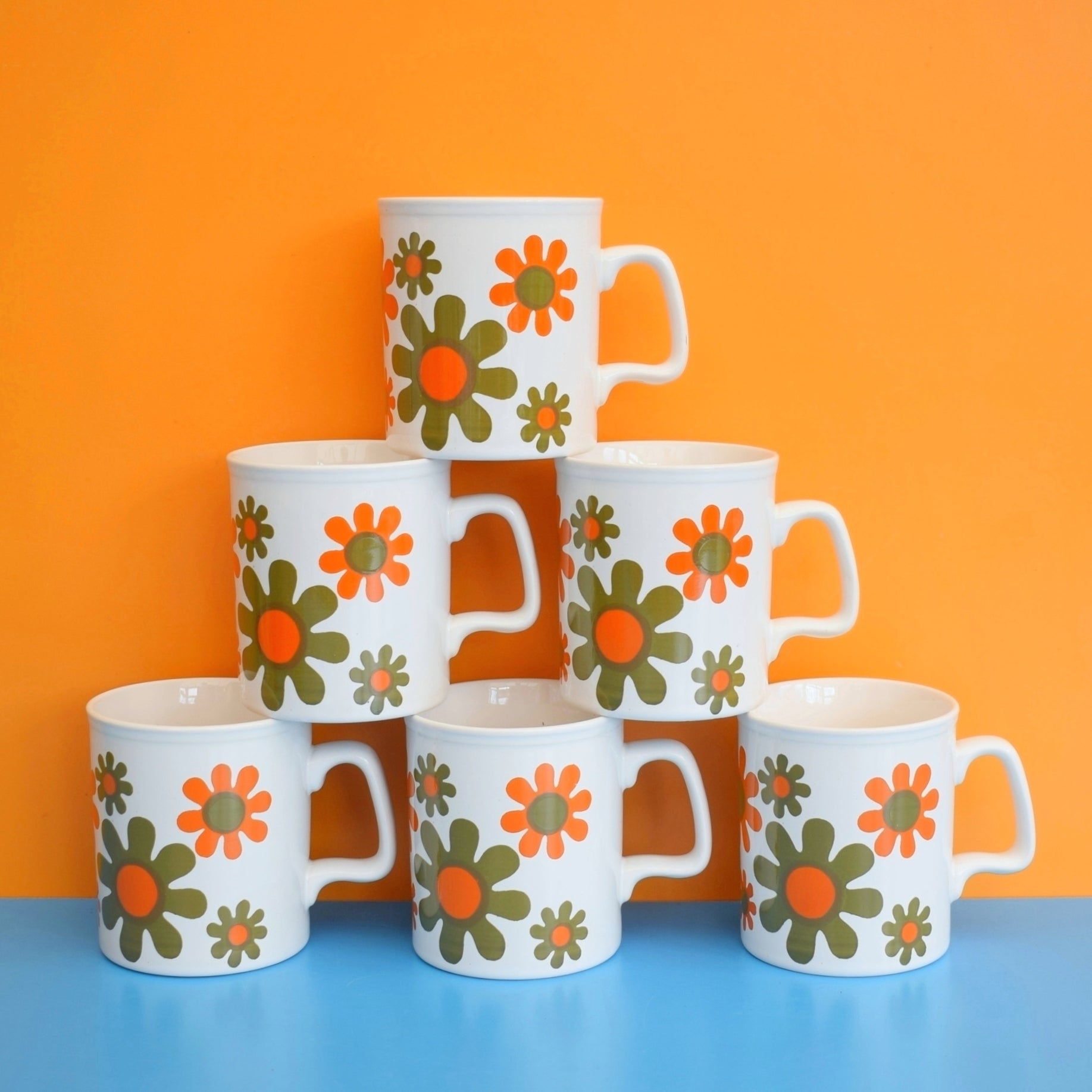 Vintage 1970s Mugs - Staffordshire Pottery - Orange & Brown Flowers by Pineapple Retro