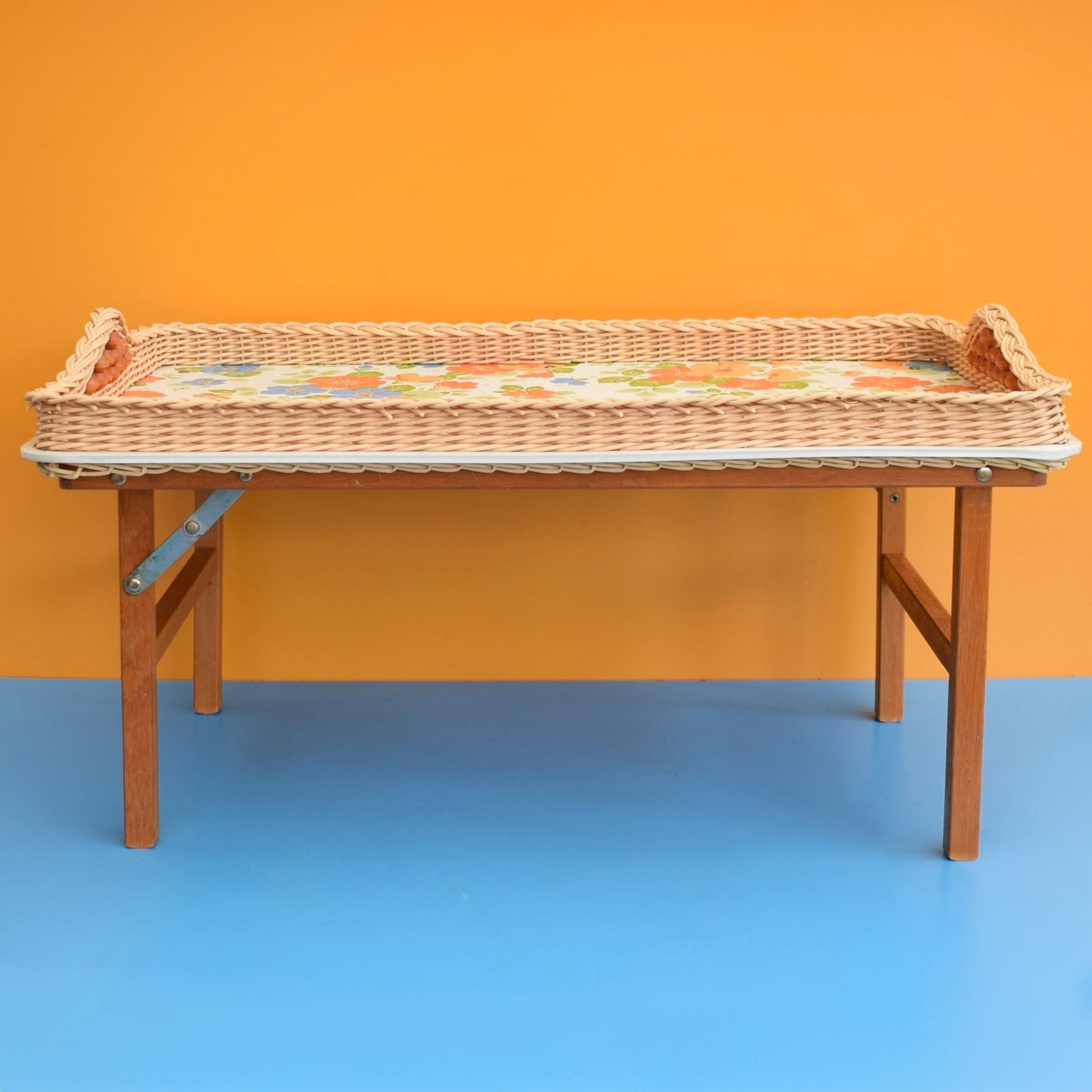 Vintage 1960s Folding Low Table - Nasturtiums - Blue & Orange
