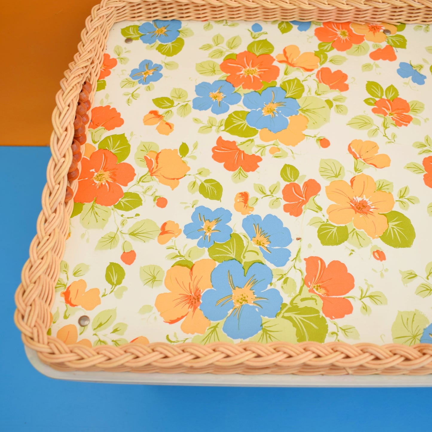 Vintage 1960s Folding Low Table - Nasturtiums - Blue & Orange