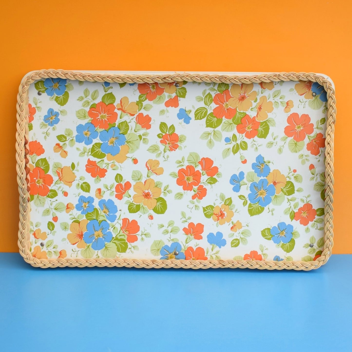 Vintage 1960s Folding Low Table - Nasturtiums - Blue & Orange