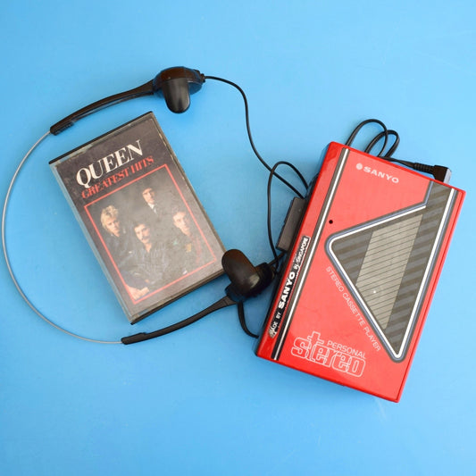 Vintage 1980s Personal Cassette Player, Headphones & Queen Tape - Sanyo / Toshiba
