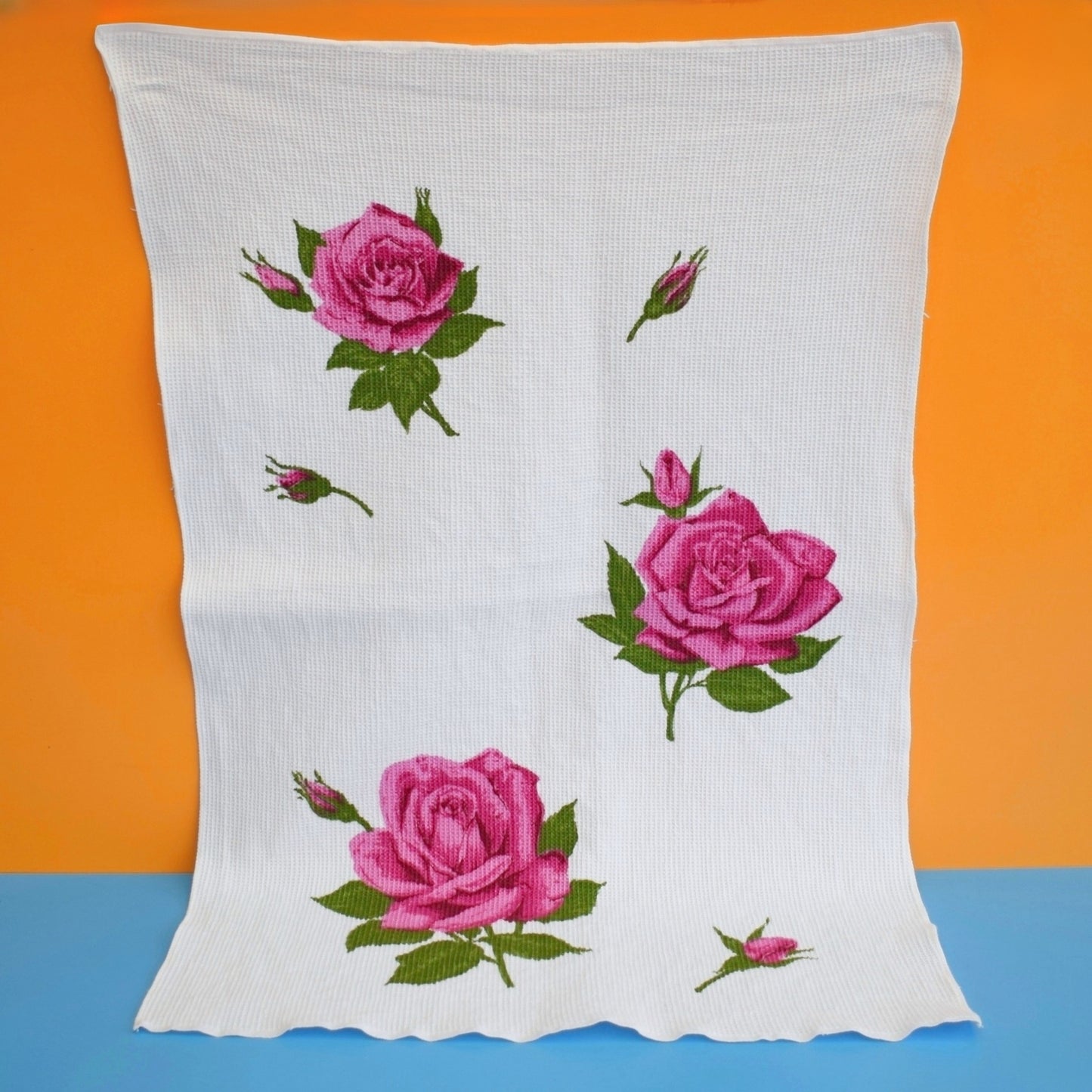 Vintage 1960s Tea Towel - Pink Roses - Waffle Texture