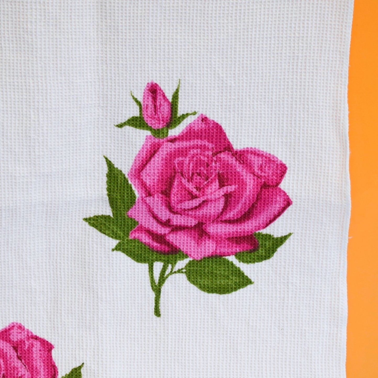Vintage 1960s Tea Towel - Pink Roses - Waffle Texture