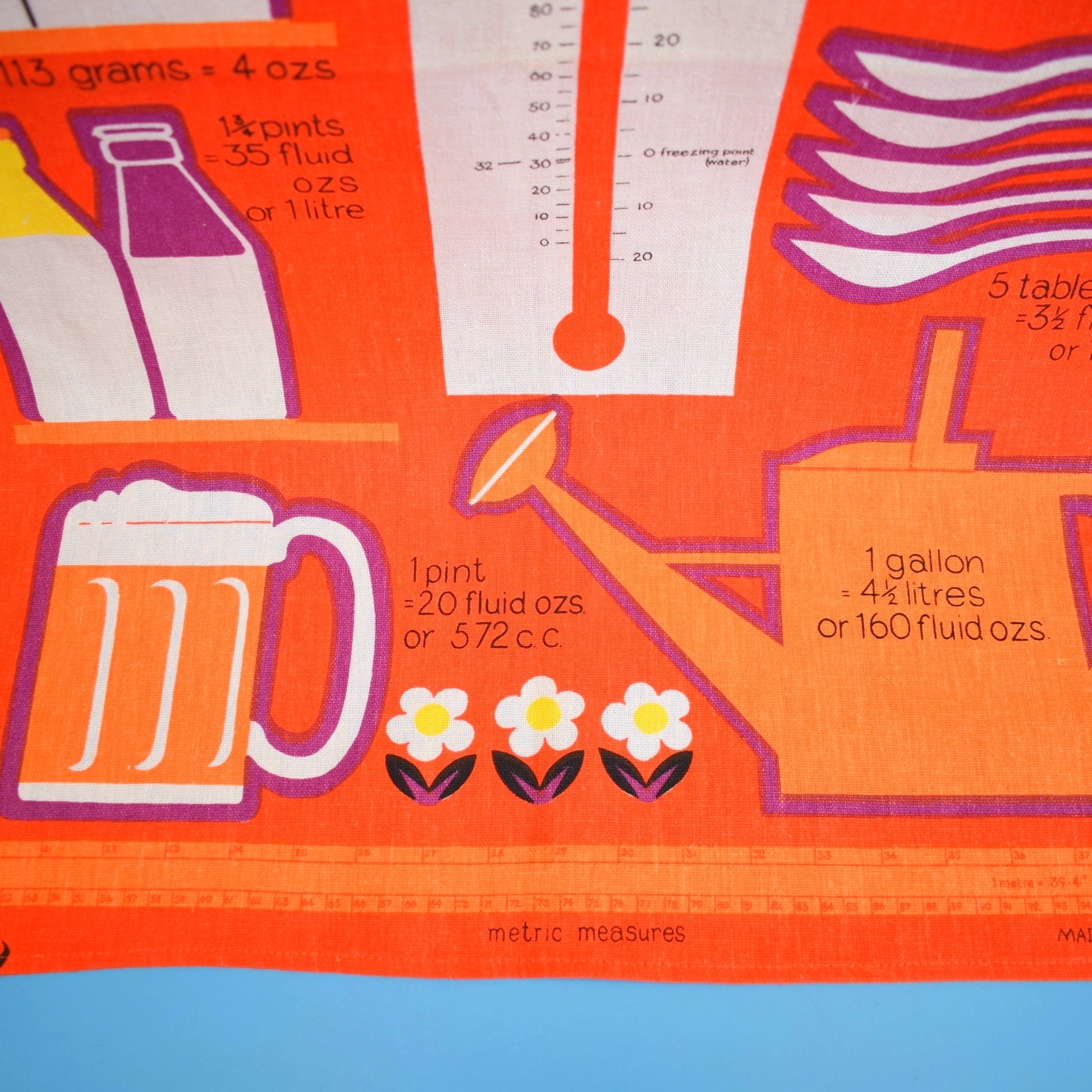 Vintage 1970s Tea Towel - Metric Measurements - Vibrant by Pineapple Retro