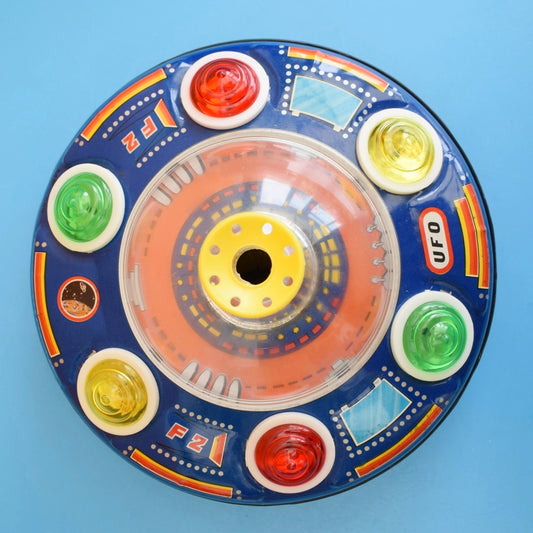 Vintage 1970s Blowing Ball UFO Tin Plate Toy - Battery Operated - Boxed