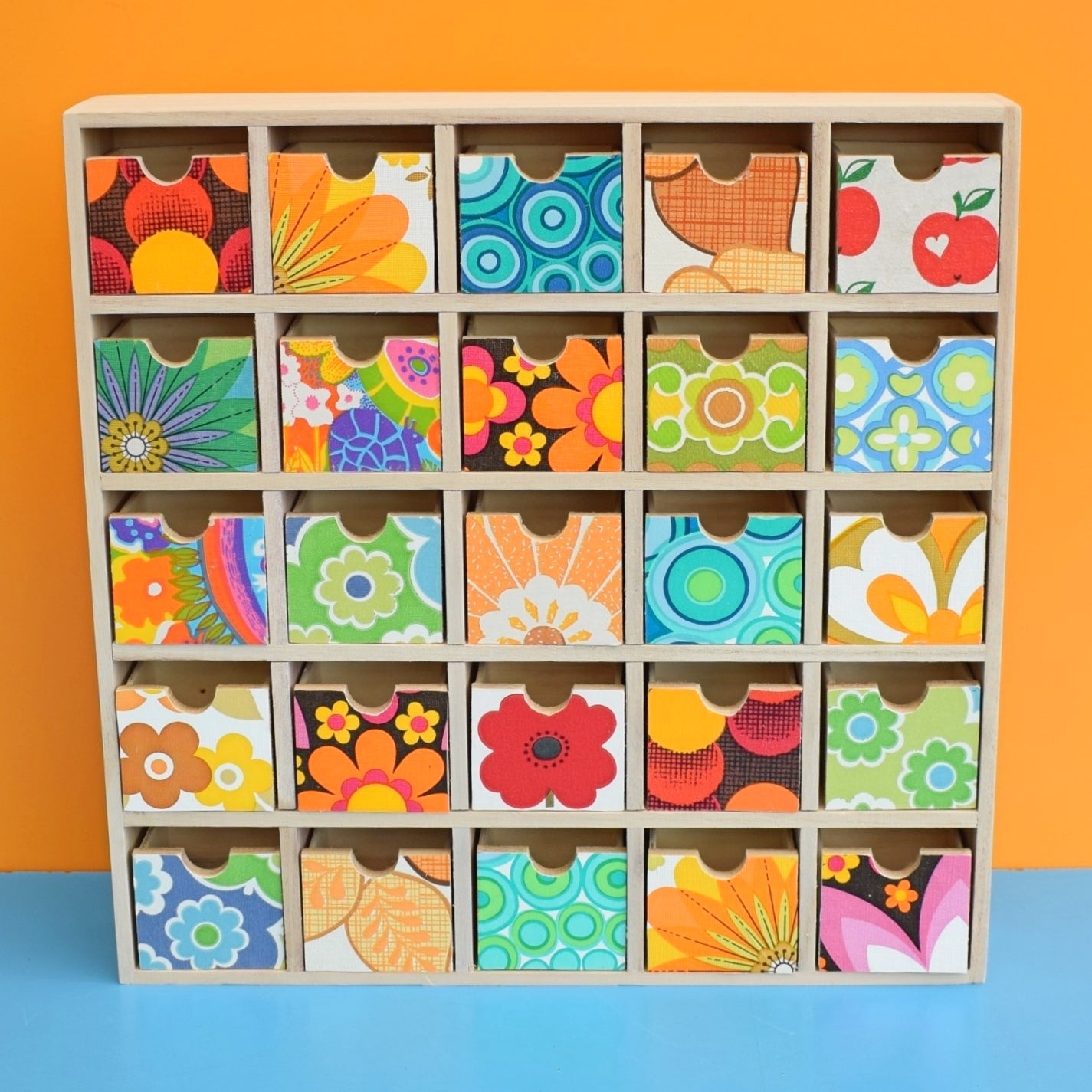 Retro Wooden Multi Drawer Unit - Vintage Wallpapers - Patchwork .