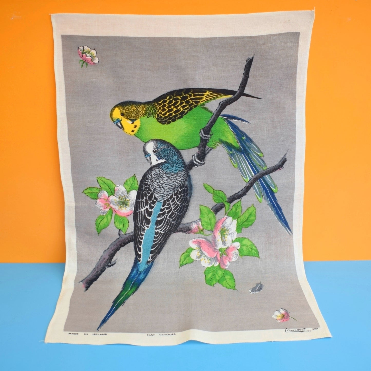 Vintage 1960s Tea Towel - Budgies - Grey by Vintage