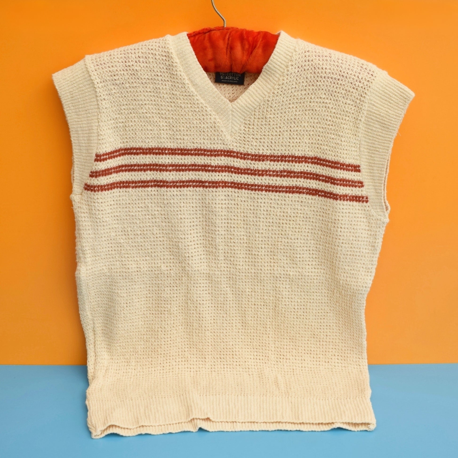 Vintage 1970s Tank Tops - Knitted - Cream / Rusty Red / Ochre by Vintage