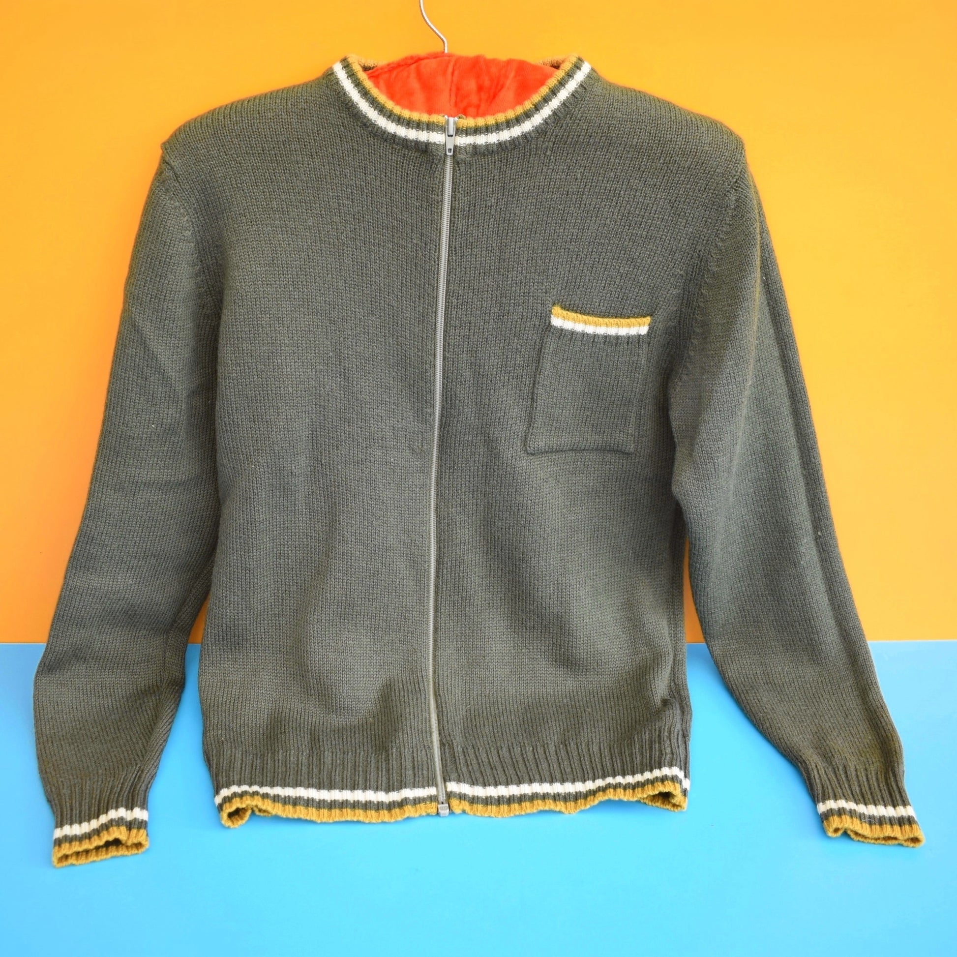 Vintage 1970s Khaki / OliveZip Up Top - 100% Wool - Unisex Mod by Pineapple Retro