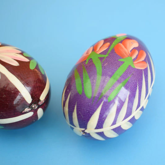 Vintage 1970s Wooden / Hand Painted Eggs - Folk Art