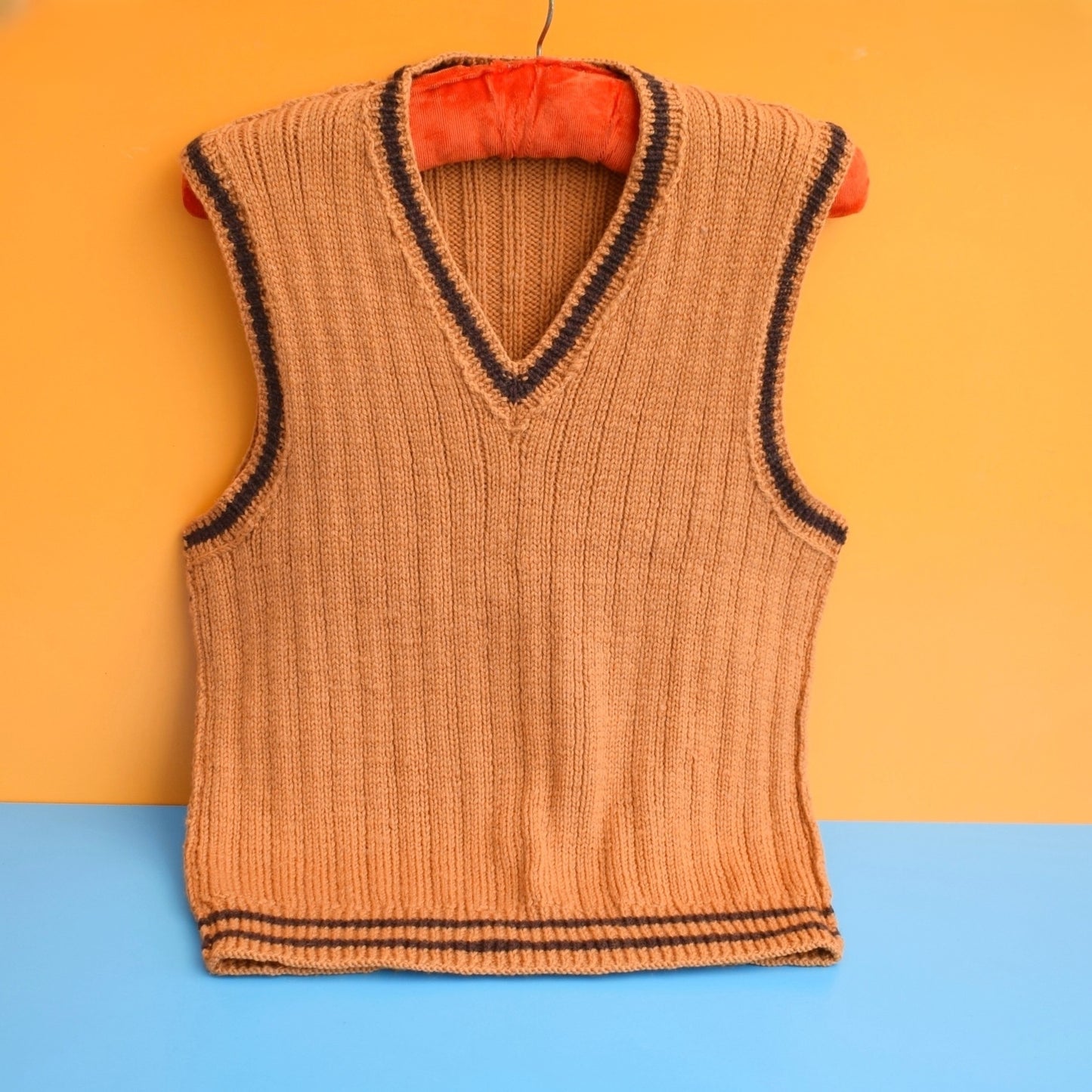 Vintage 1970s Tank Tops - Knitted - Cream / Rusty Red / Ochre by Vintage