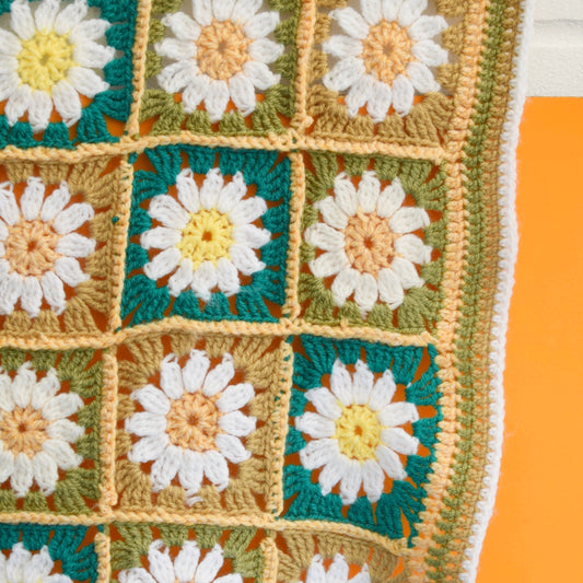 Vintage 1970s Crochet Small Blanket - Flower Design