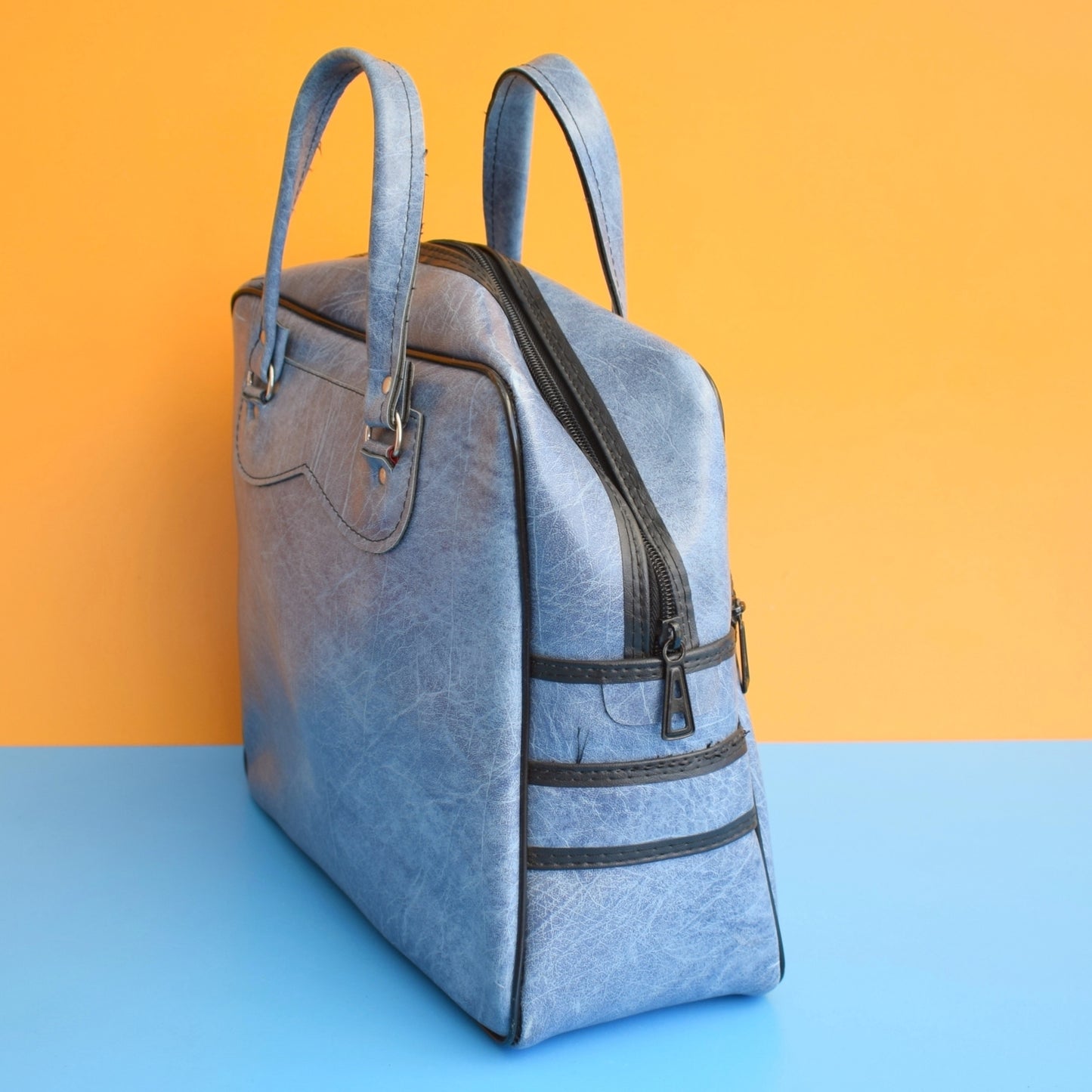 Vintage 1970s Hand Luggage / Sports Bag - Blue & Black by Pineapple Retro