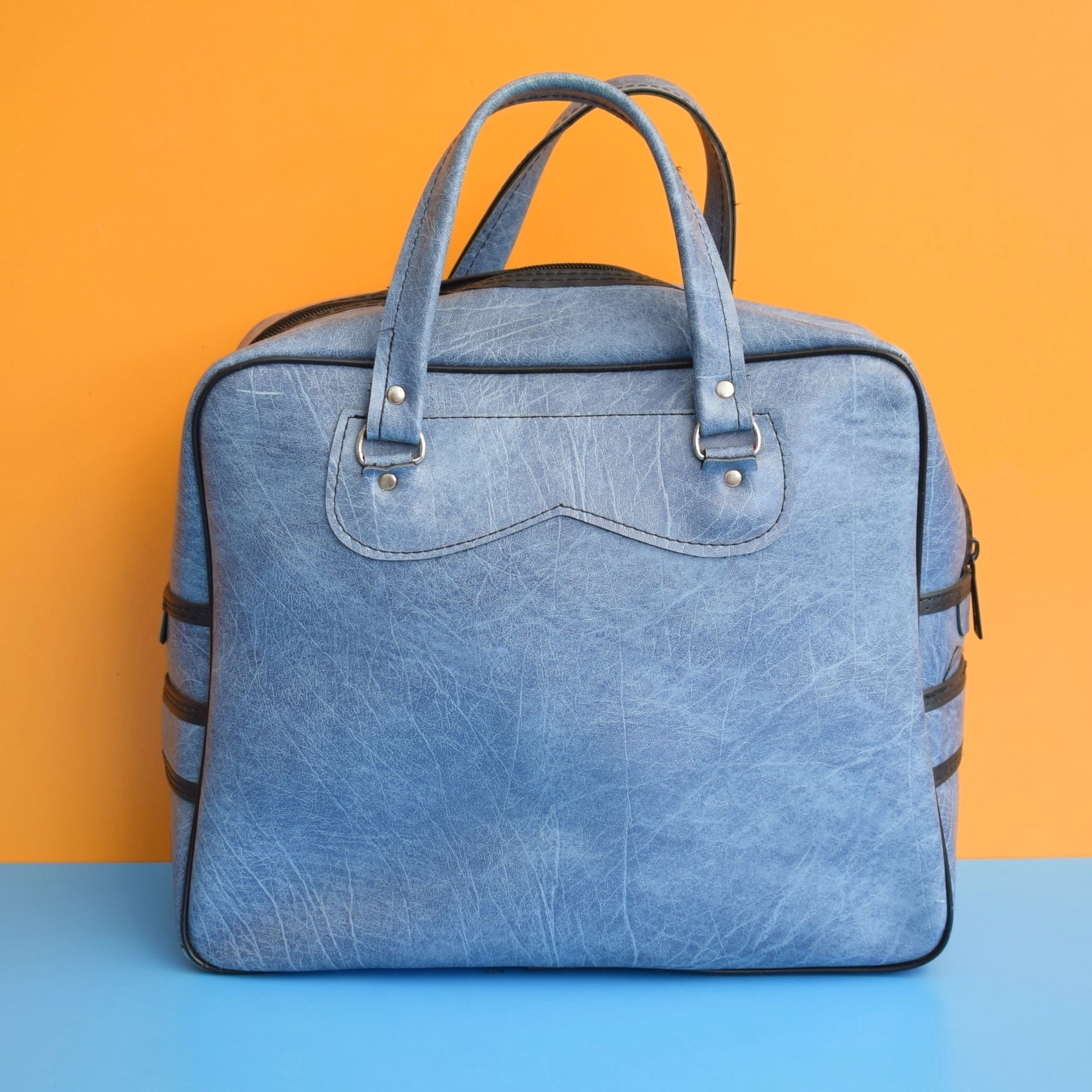 Vintage 1970s Hand Luggage / Sports Bag - Blue & Black by Pineapple Retro