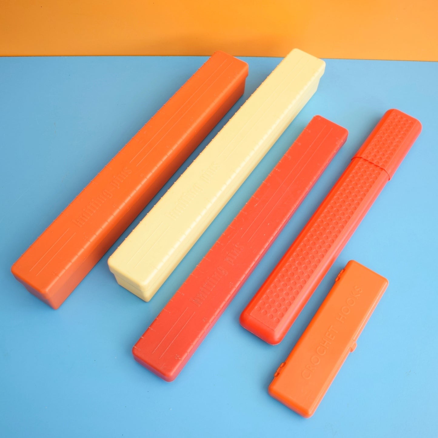 Vintage 1970 Knitting Boxes / Storage - Red, Orange, Yellow