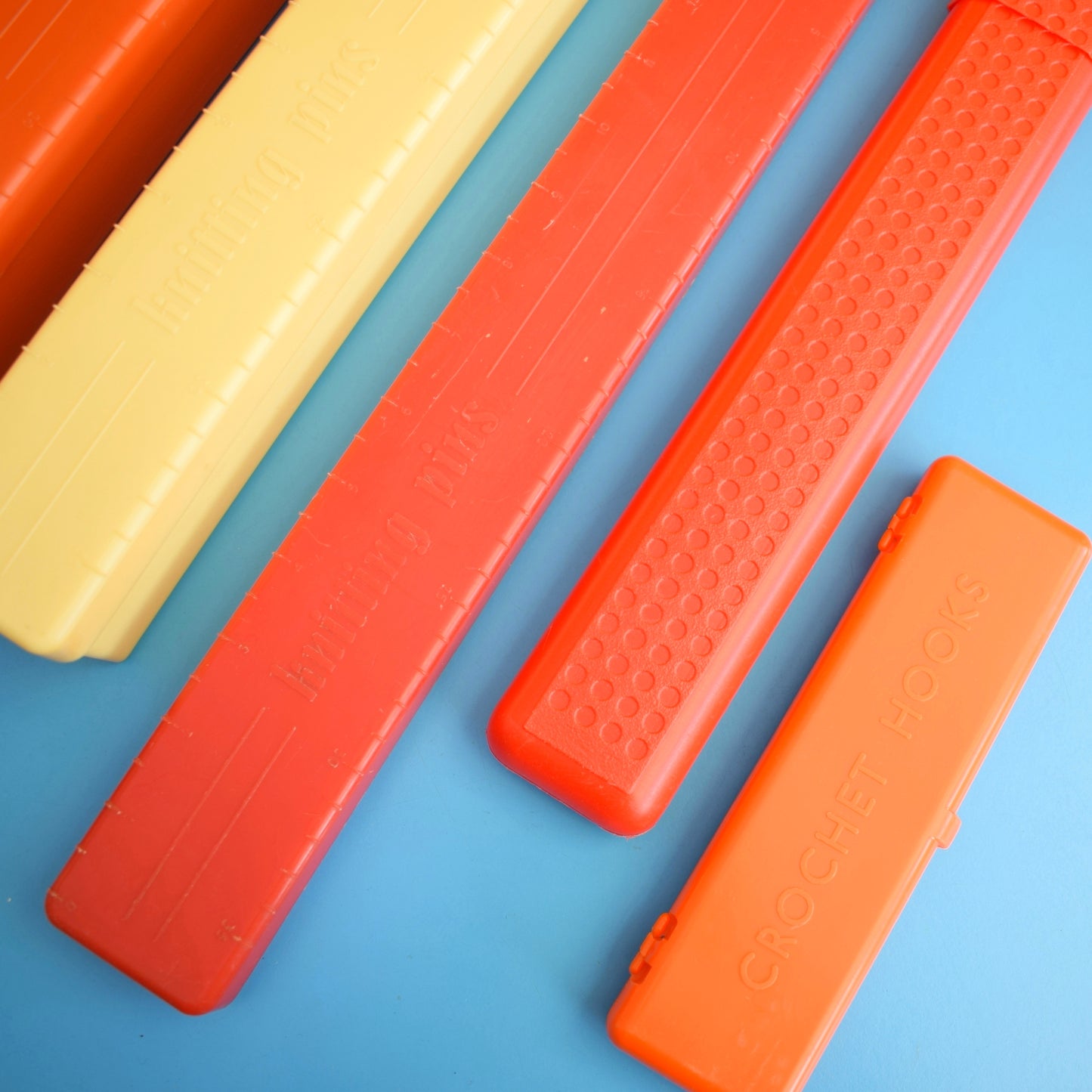Vintage 1970 Knitting Boxes / Storage - Red, Orange, Yellow