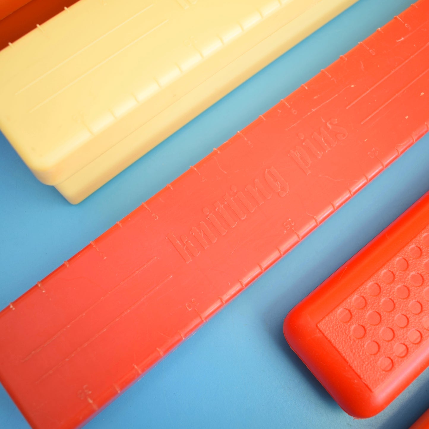 Vintage 1970 Knitting Boxes / Storage - Red, Orange, Yellow