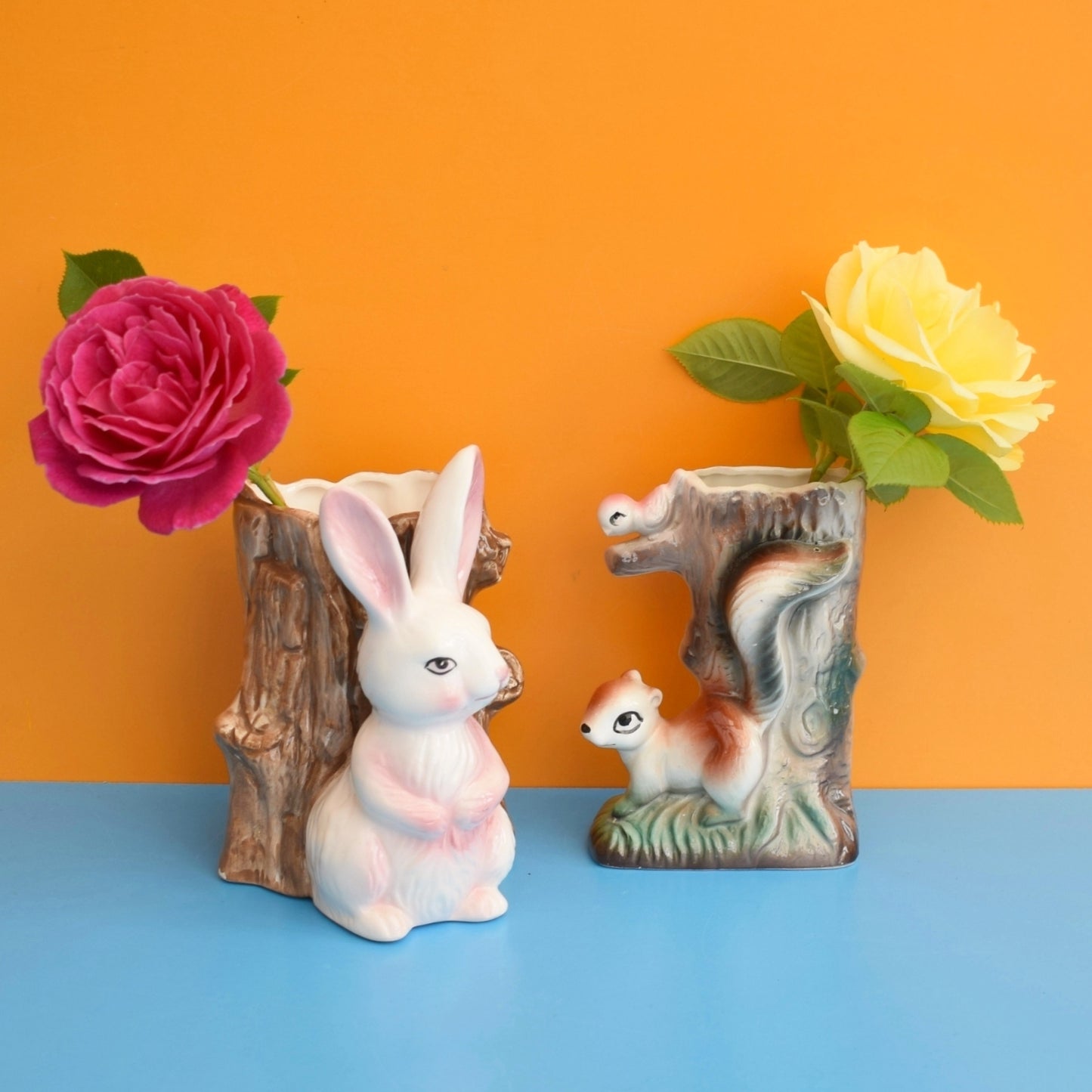 Vintage 1960s Kitsch Ceramic Tree Trunk Bunny Or Squirrel Vase