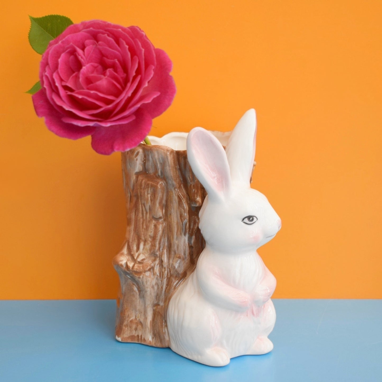 Vintage 1960s Kitsch Ceramic Tree Trunk Bunny Or Squirrel Vase