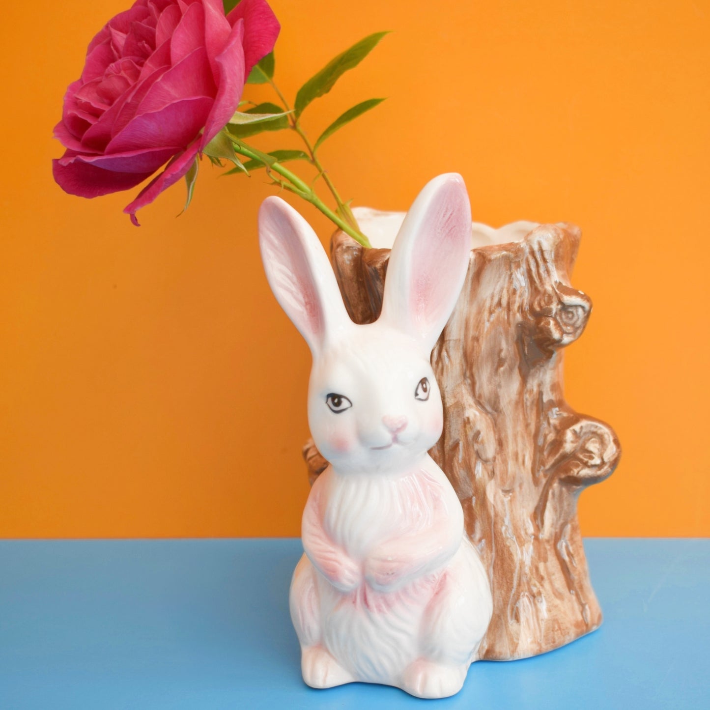 Vintage 1960s Kitsch Ceramic Tree Trunk Bunny Or Squirrel Vase
