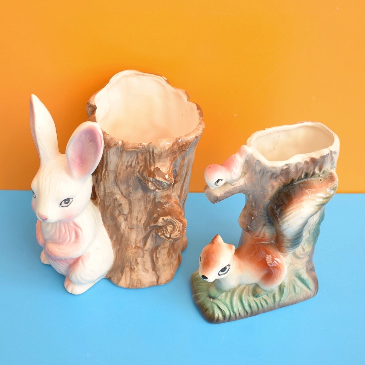 Vintage 1960s Kitsch Ceramic Tree Trunk Bunny Or Squirrel Vase