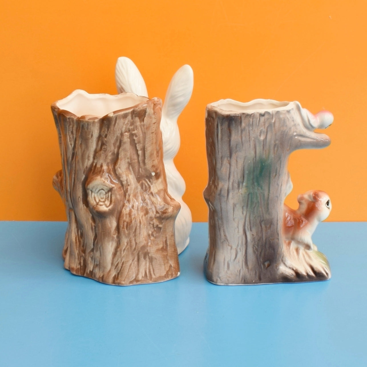 Vintage 1960s Kitsch Ceramic Tree Trunk Bunny Or Squirrel Vase