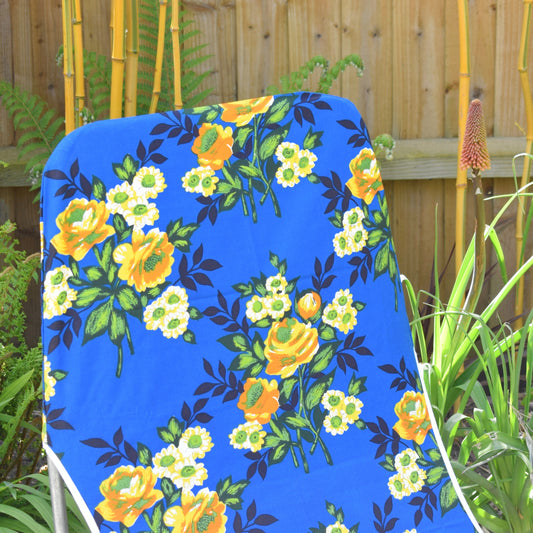 Vintage 1970s Garden Sun Lounger & Folding Chair - Blue & Yellow Rose Print