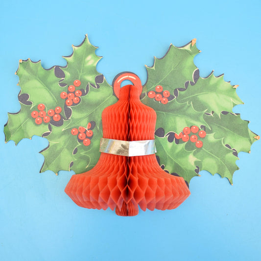 Vintage 1950s Honeycomb Paper Decorations - Holly & Bells x2