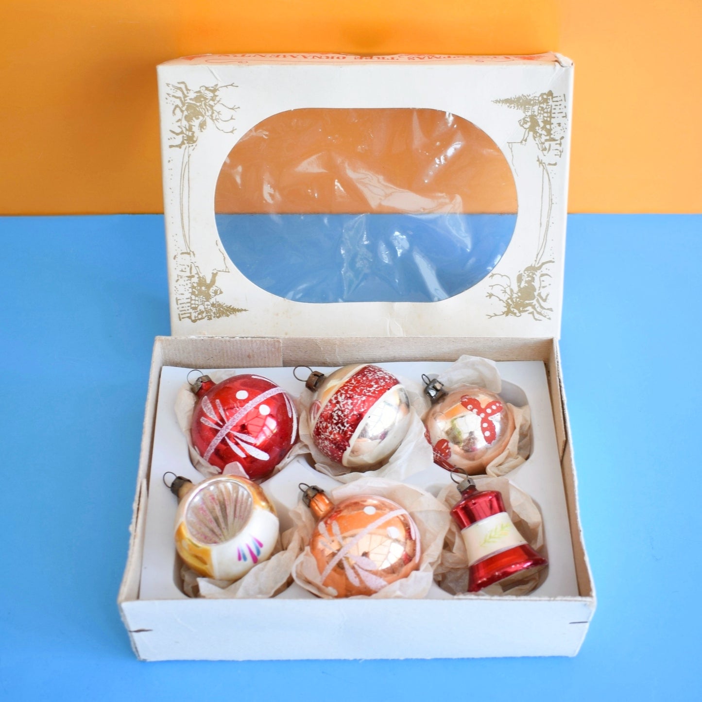 Vintage 1960s Glass Baubles - Red / Gold .