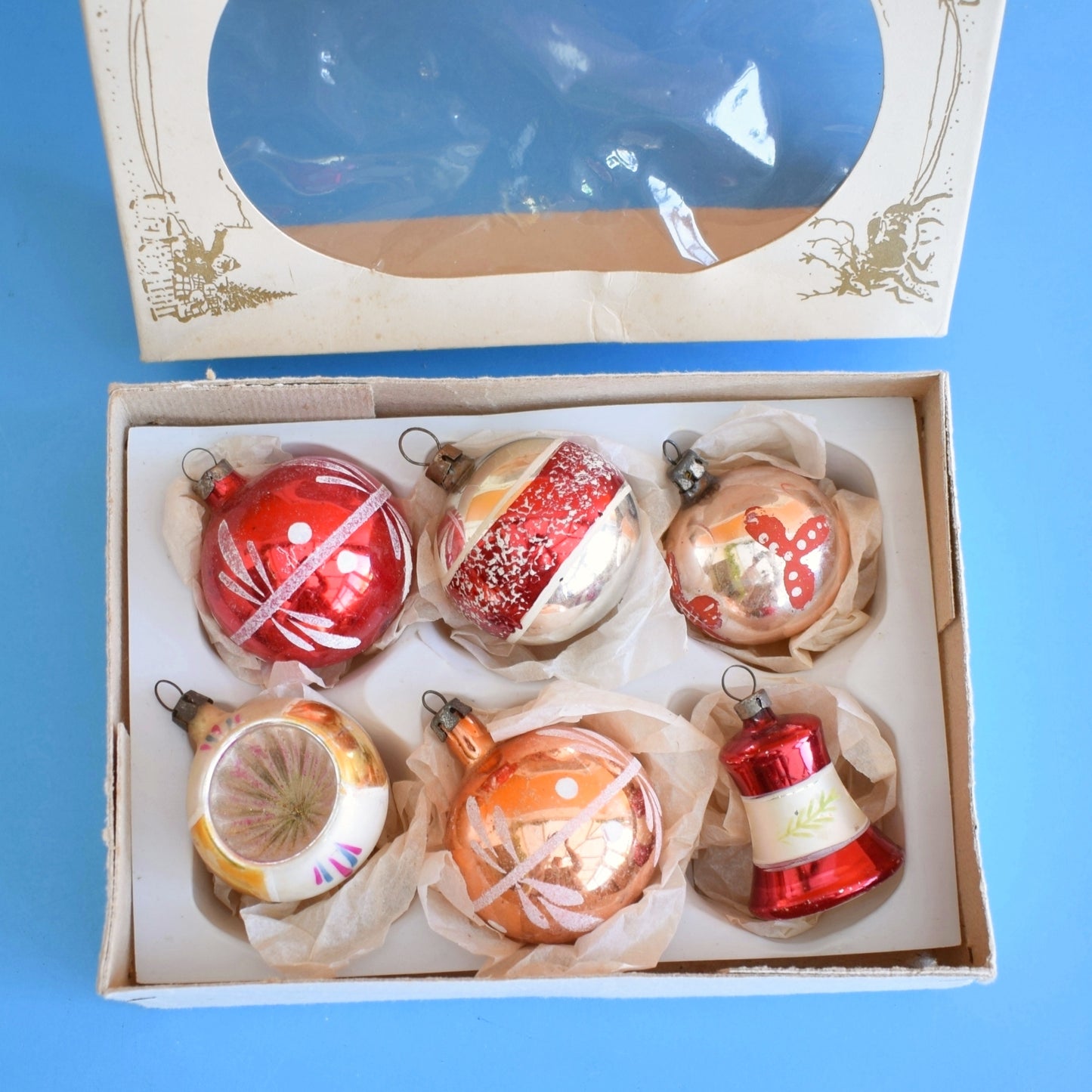 Vintage 1960s Glass Baubles - Red / Gold .