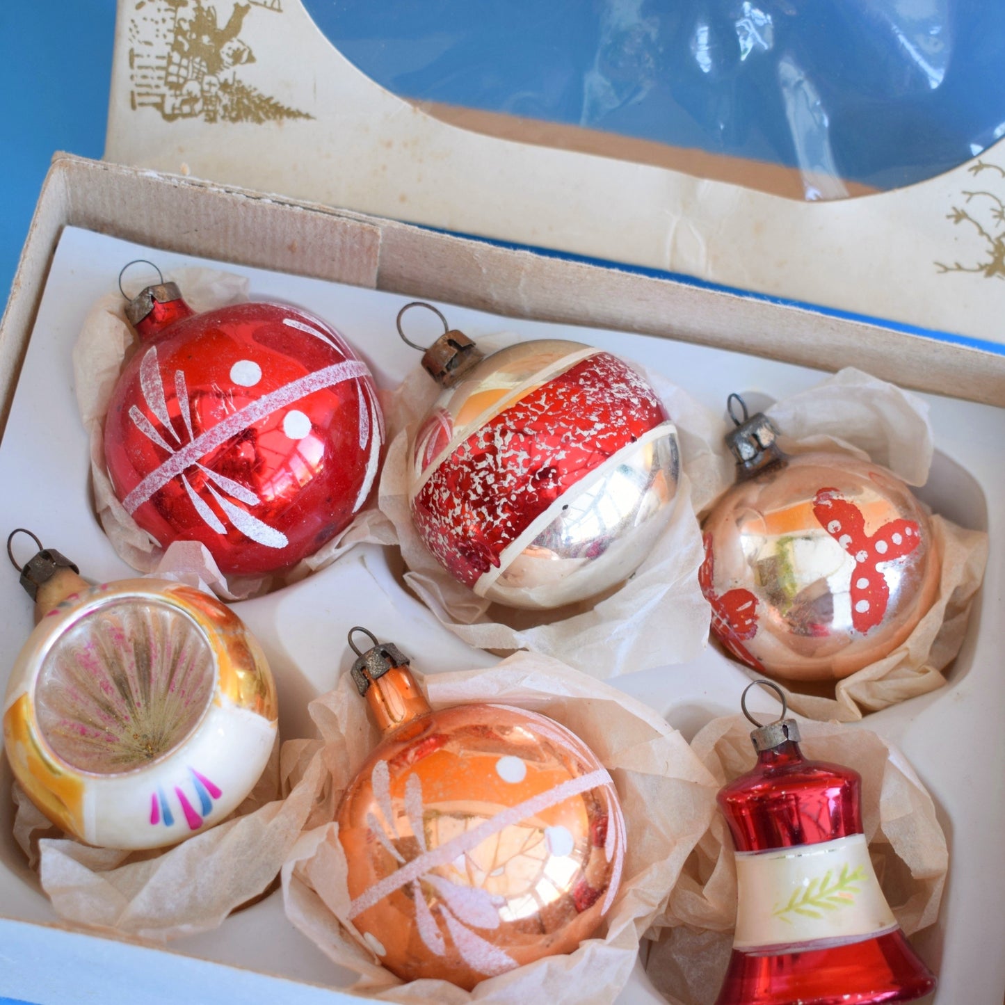 Vintage 1960s Glass Baubles - Red / Gold .