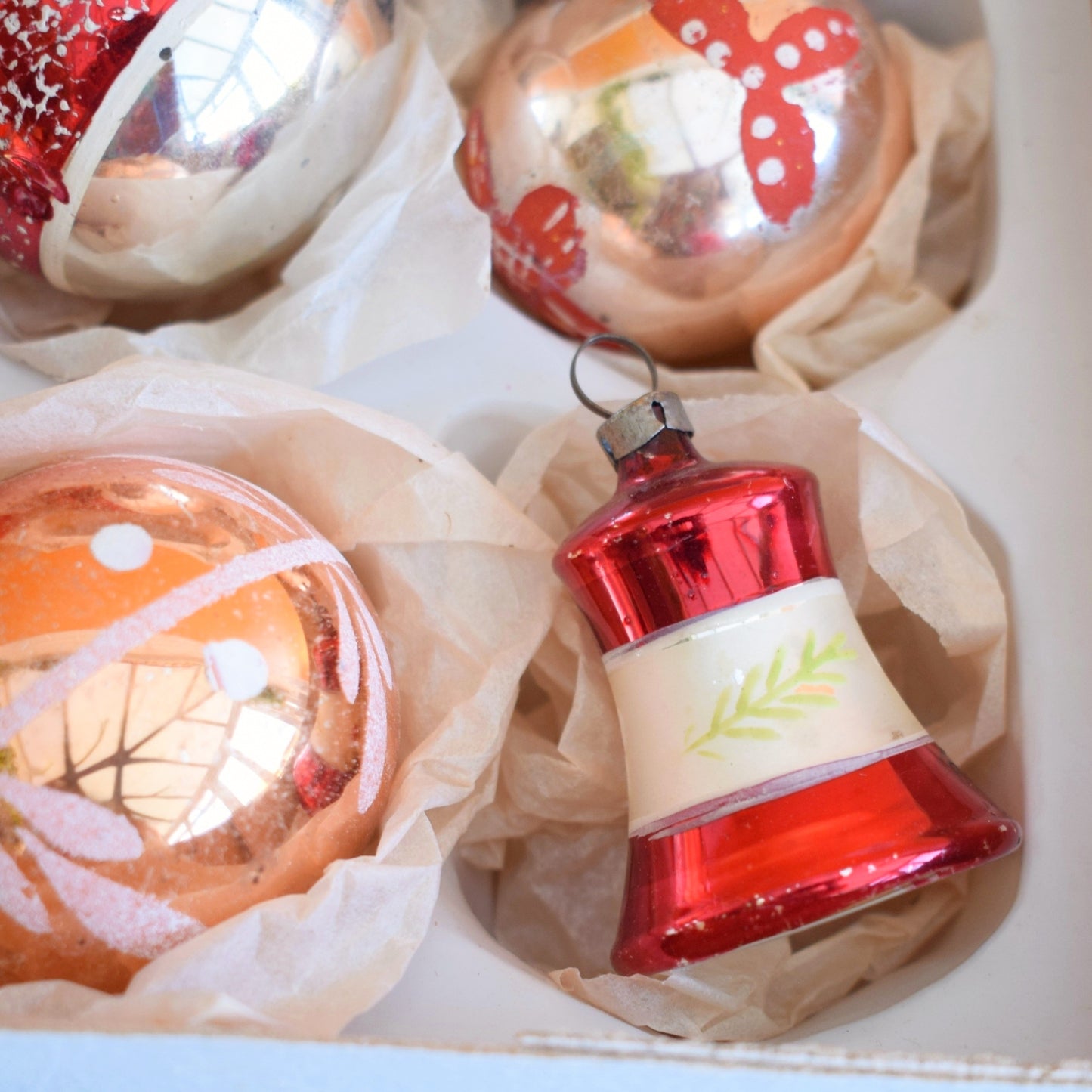 Vintage 1960s Glass Baubles - Red / Gold .