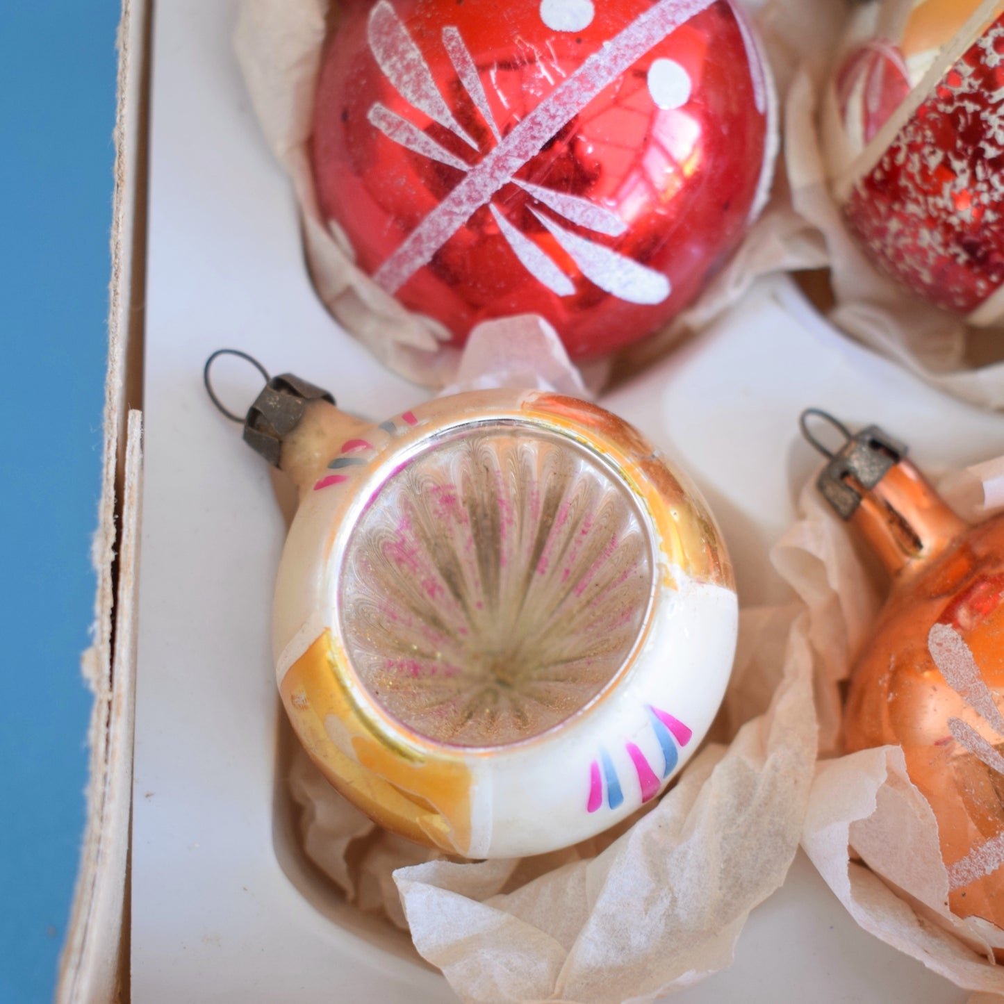 Vintage 1960s Glass Baubles - Red / Gold .