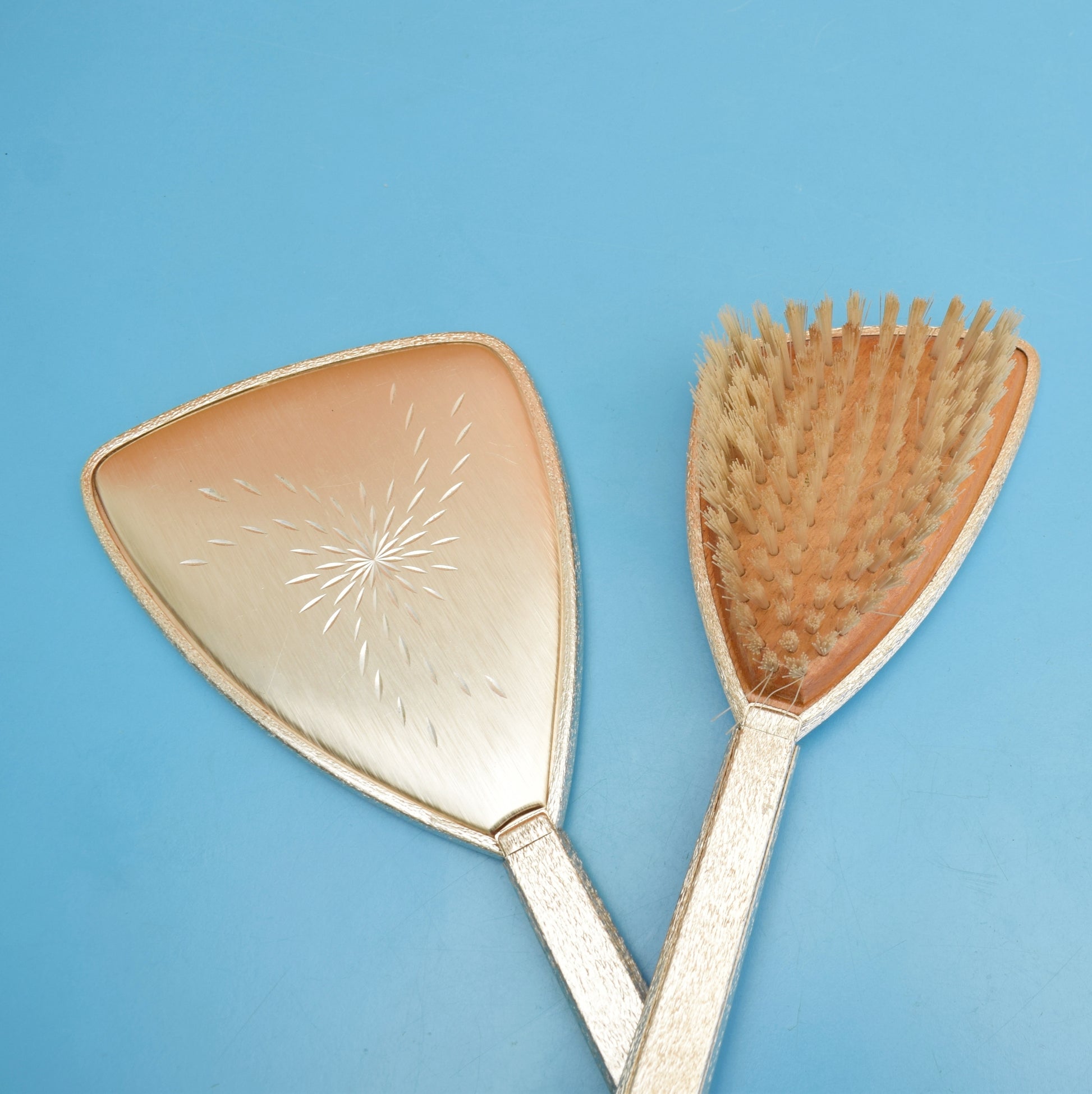 Vintage 1960s Aluminium Hand Mirror / Hair Brush by Vintage