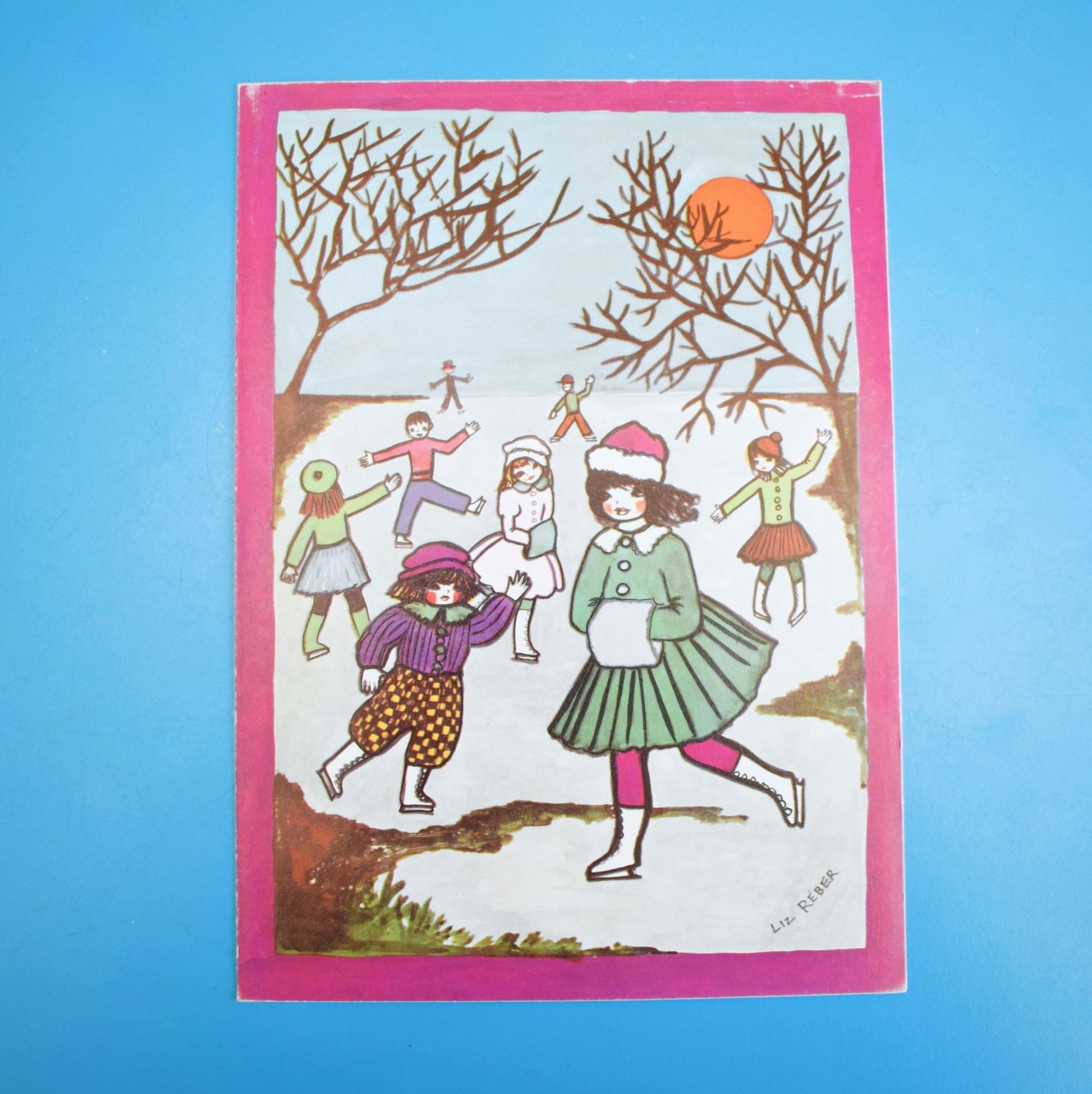 Vintage 1970s French Christmas Greeting Card - The Skaters - Liz Reber by Eric's Cards