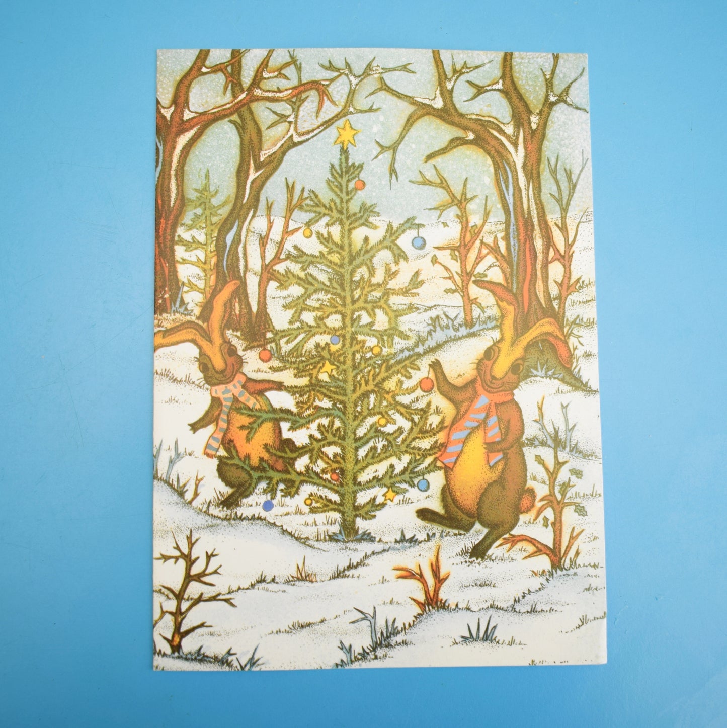 Vintage 1970s French Christmas Greeting Card - Bunny Tree - Andy Gage by Eric's Cards