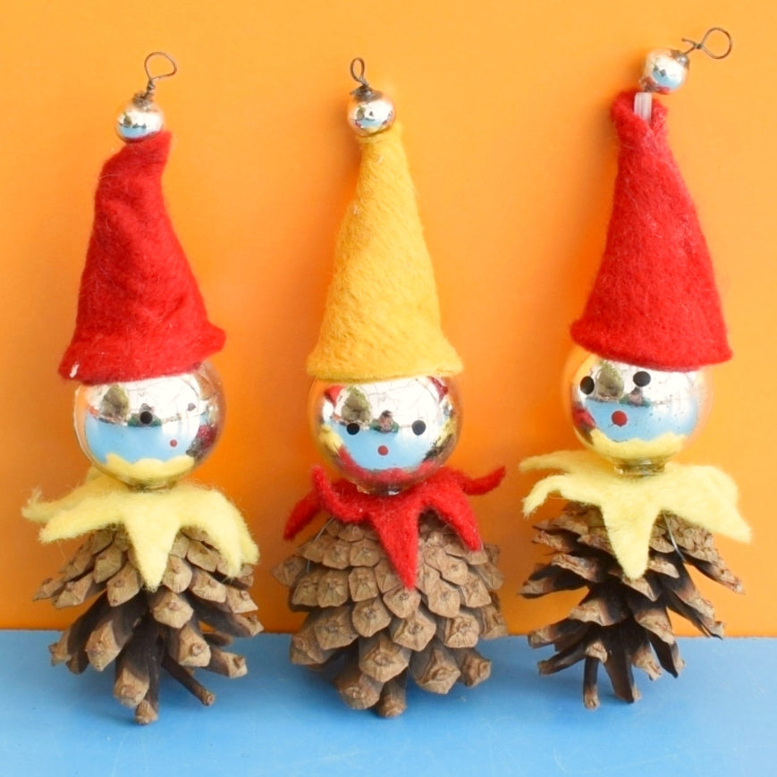 Vintage 1970s Christmas Pinecone Elf Ornaments x3