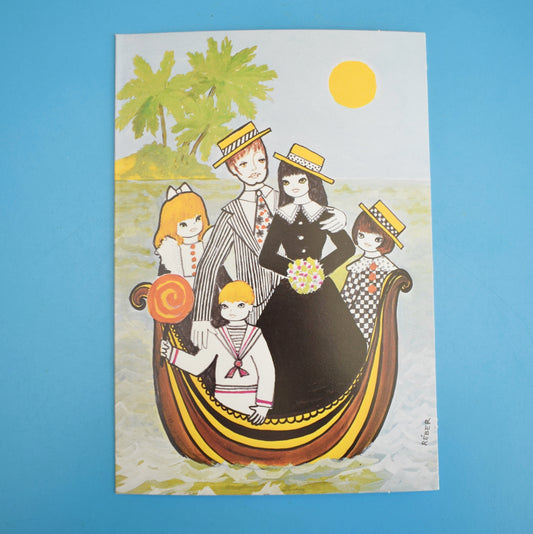 Vintage 1970s Greeting Card - by Liz Reber - Family In Boat by Eric's Cards