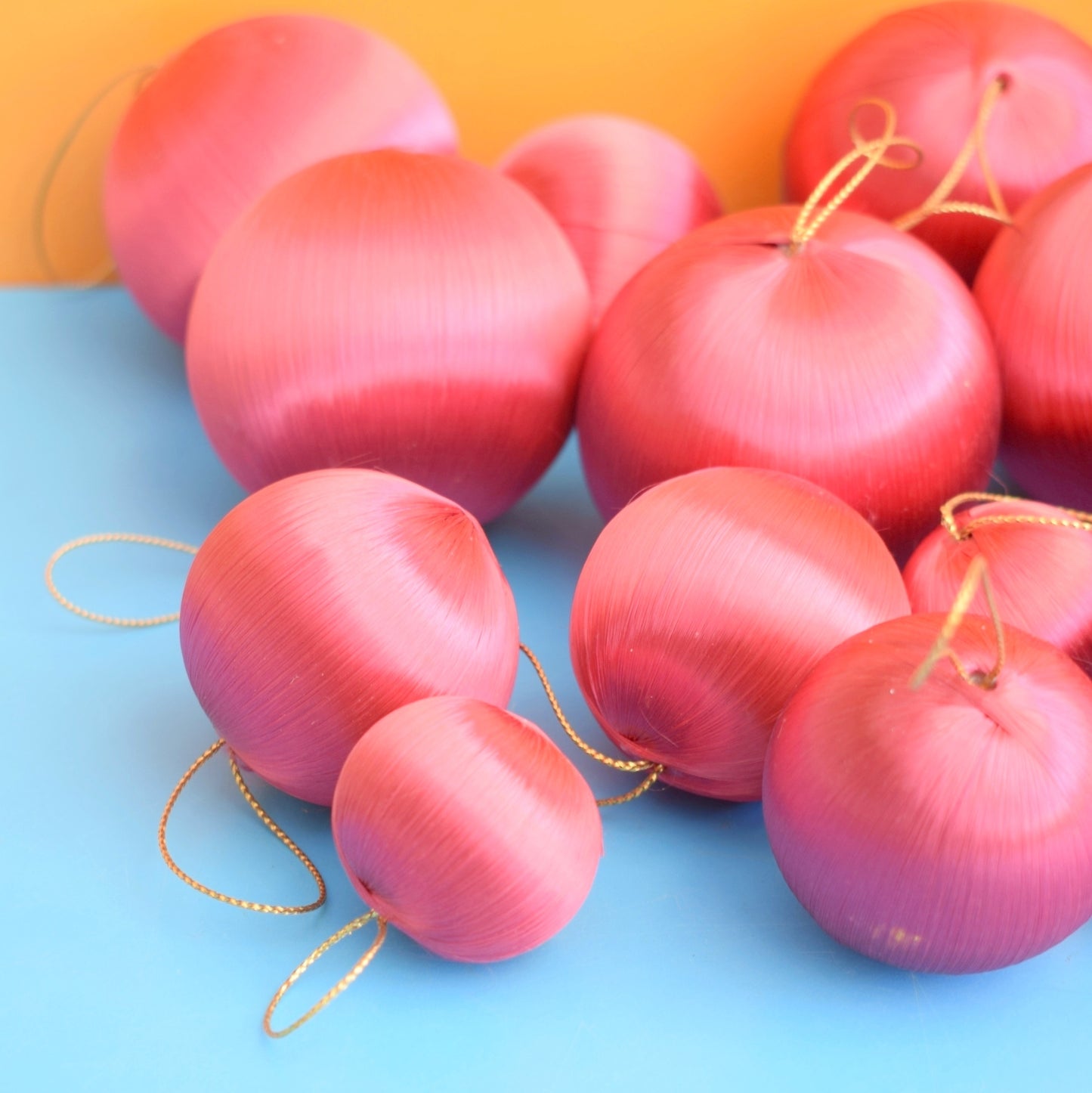 Vintage 1970s Satin Christmas Baubles - Deep Rose Pink