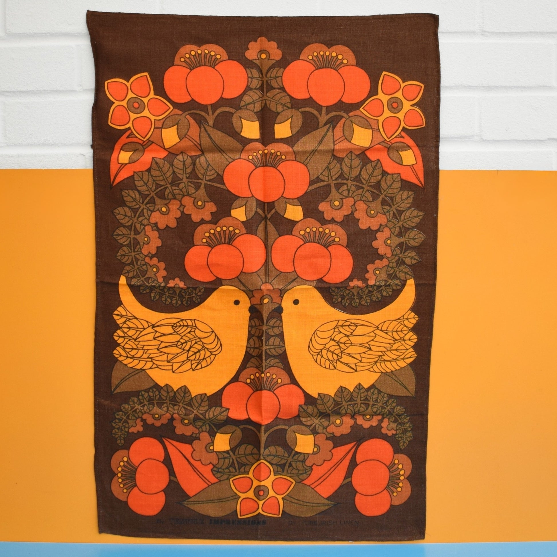 Vintage 1970s Tea Towel - Textile Impressions- Orange Doves / Flowers by Vintage