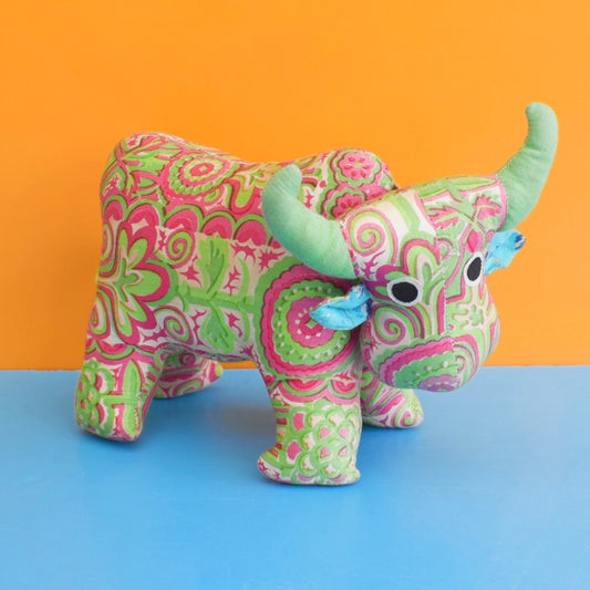 Vintage 1970s Cotton Toy Bull- Pink & Green