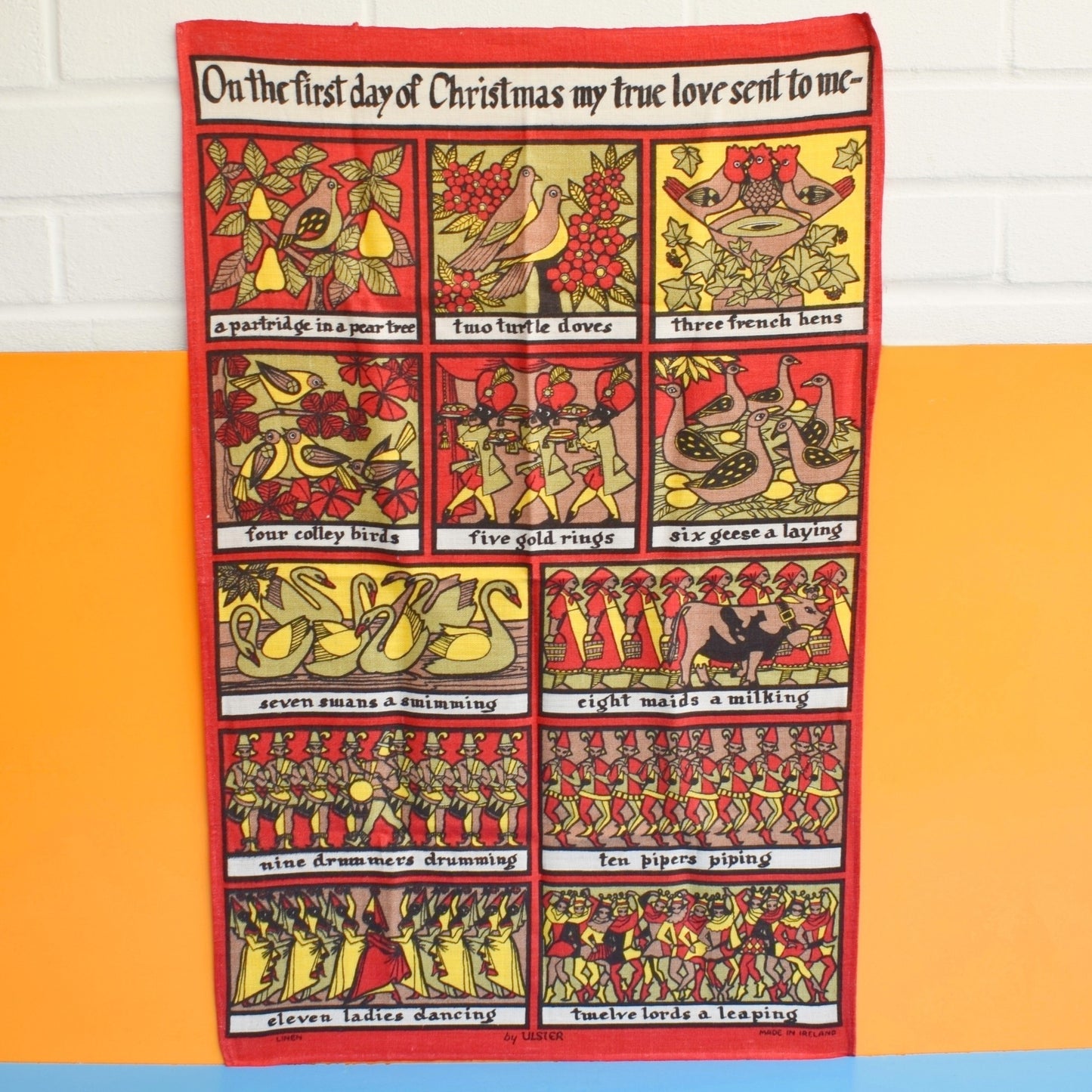 Vintage 1970s Calendar Tea Towel -  The Twelve Days Of Christmas - Unused
