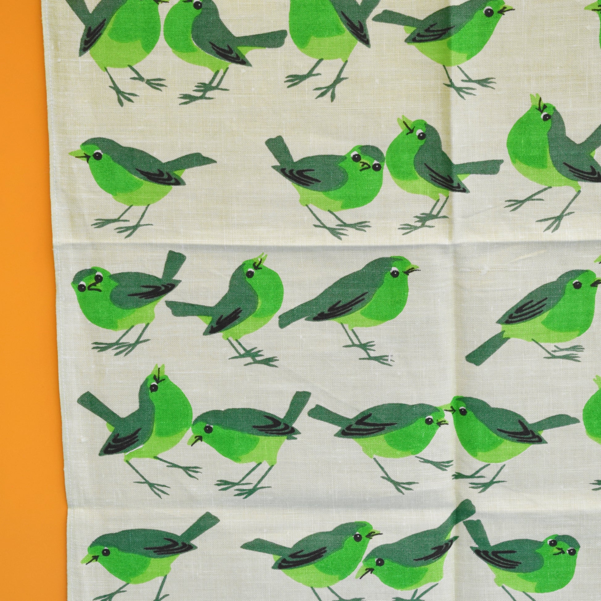 Vintage 1970s Tea Towel - Green Robins by Vintage